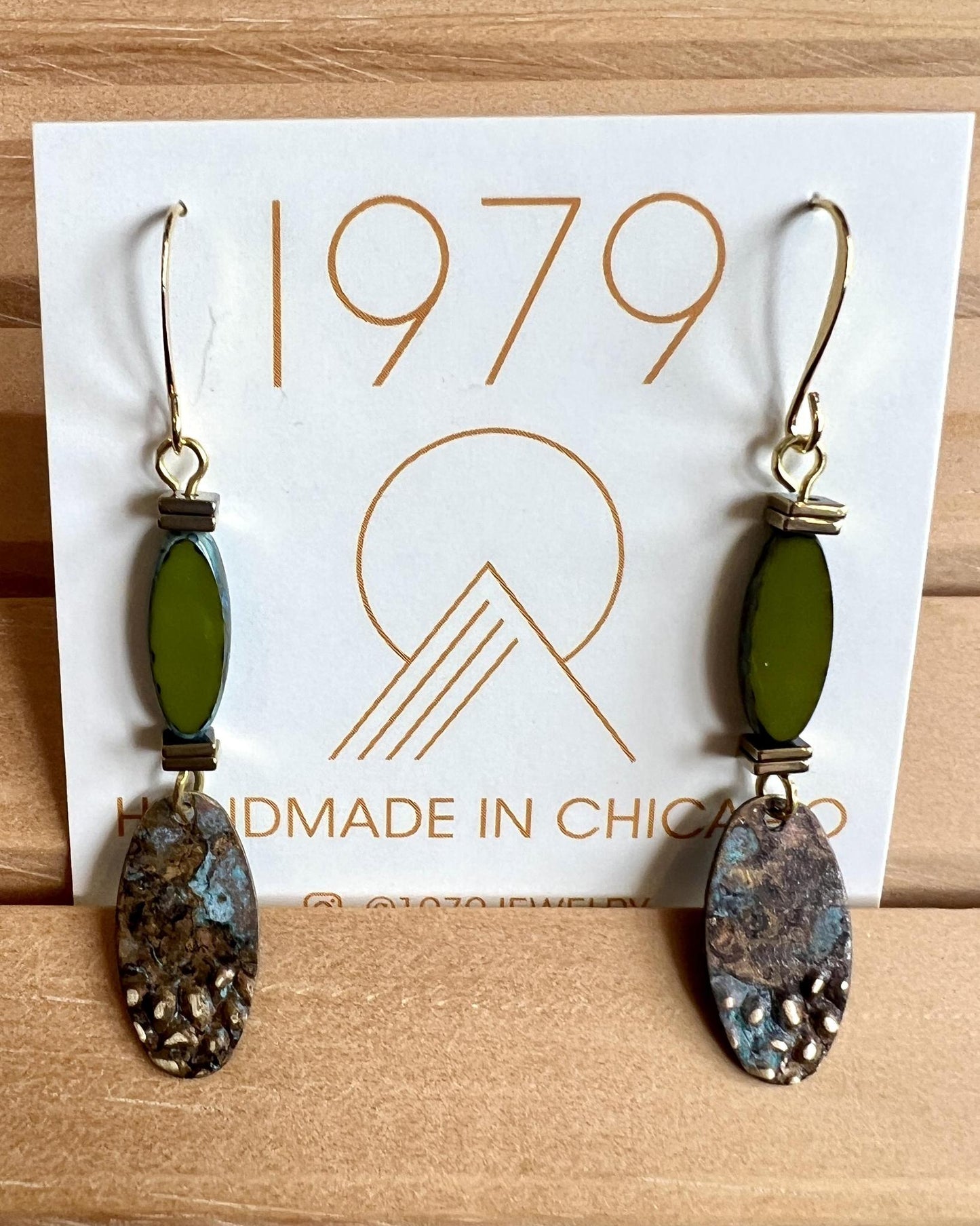 1979 Jewelry Brass Earrings Leaf Green and Verdigris Dangles