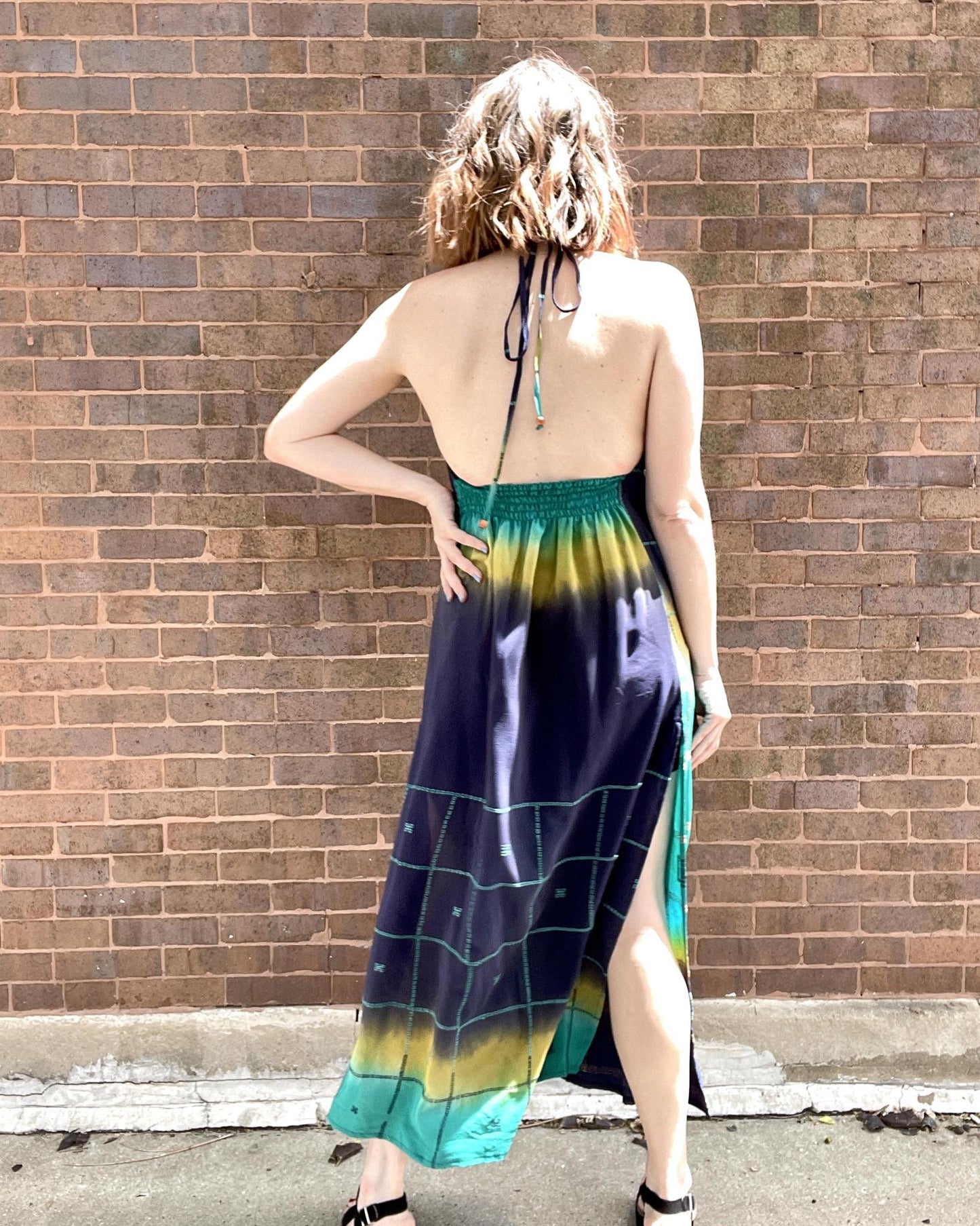 Indie Ella Eden Backless Silk Key Hole Maxi Dress in Navy and Turquoise Square Print