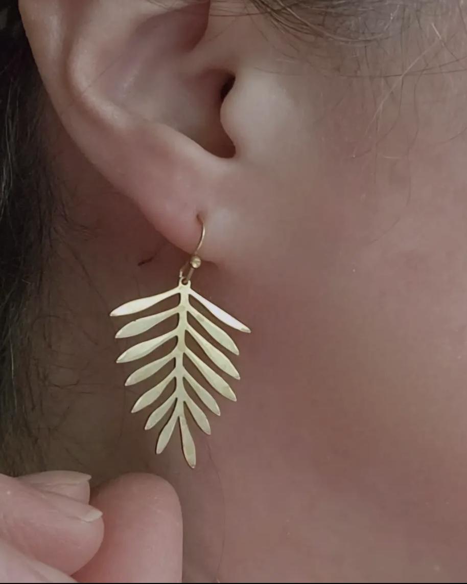 Sara Sela Brass Fern Leaf Dangle Earrings