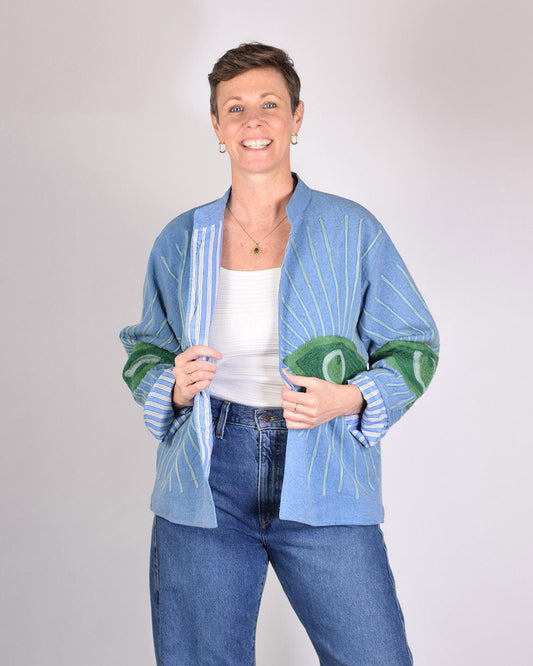 Txtile Dusty Light Chambray Blue Lightweight Evil Eye Canvas Embroidered Jacket