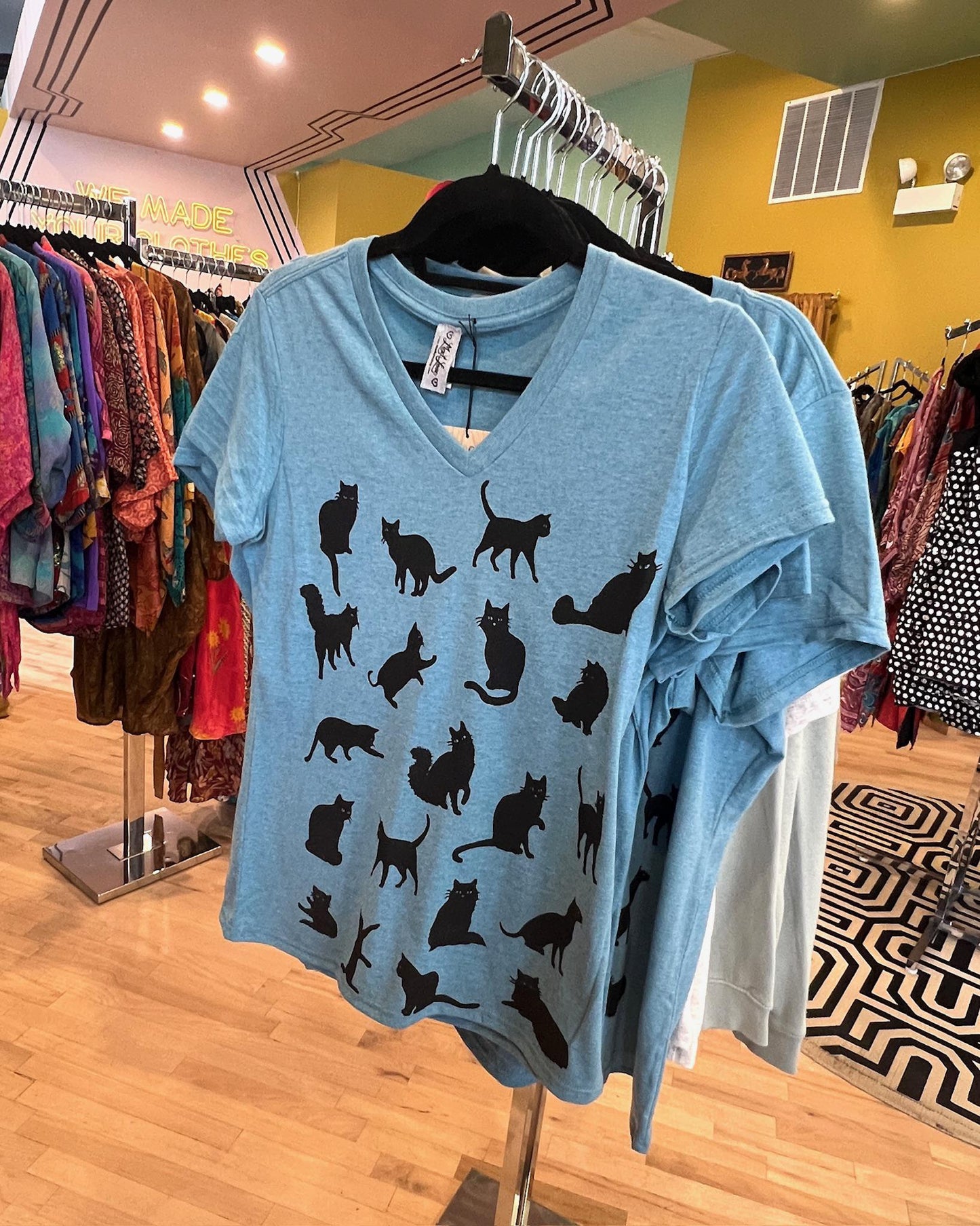 Mad Love Blue V Neck Tee With Cats