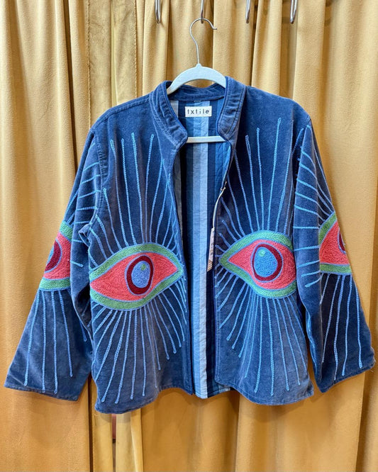 Txtile Velvet Evil Eye Jacket - Medium Gray with Orange and Green Eyes
