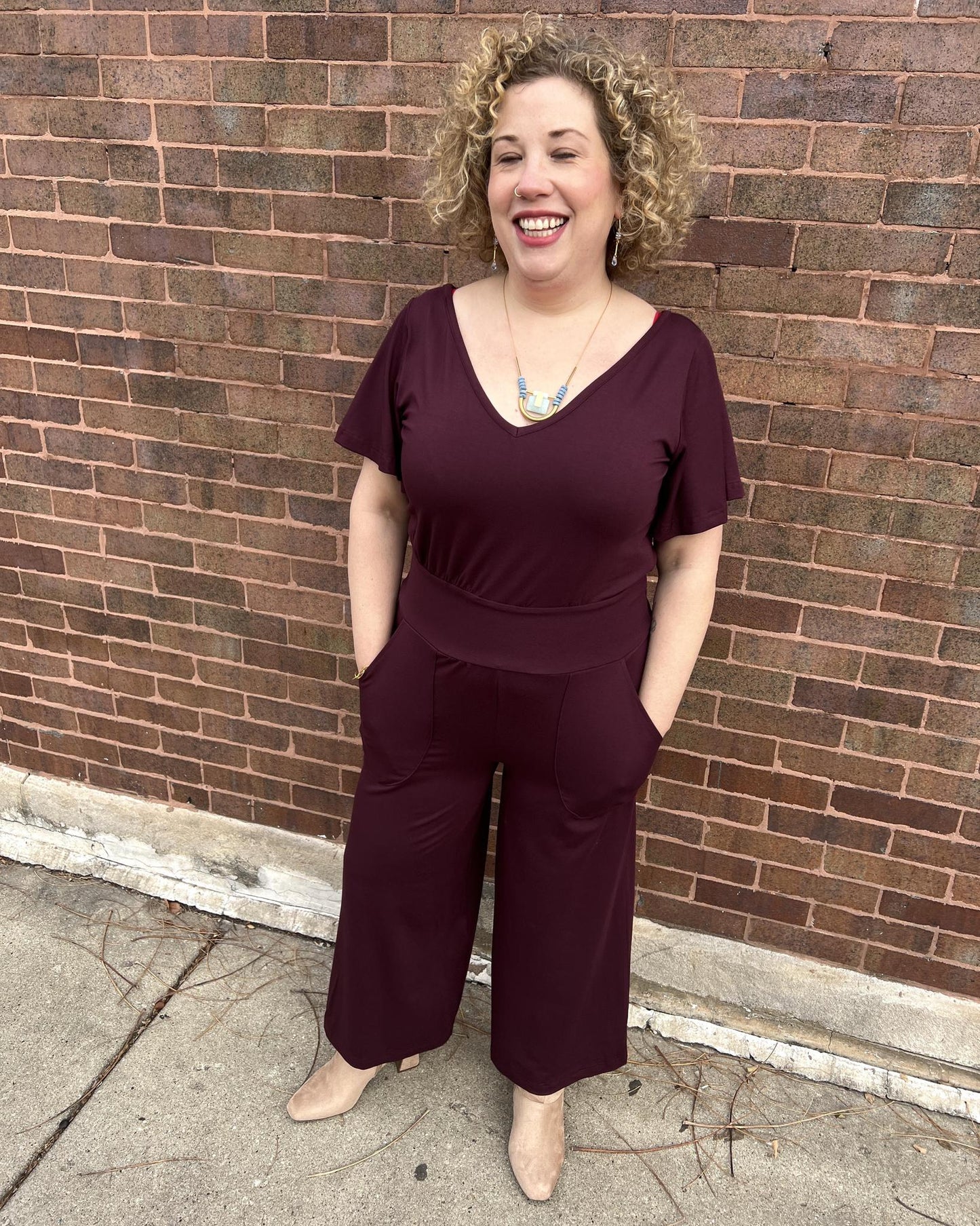 Squasht Jumpsuit with Bell Sleeves in Merlot