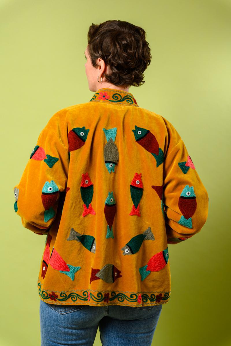 Txtile Gold Velvet Jacket with Allover Fish Embroidered Design