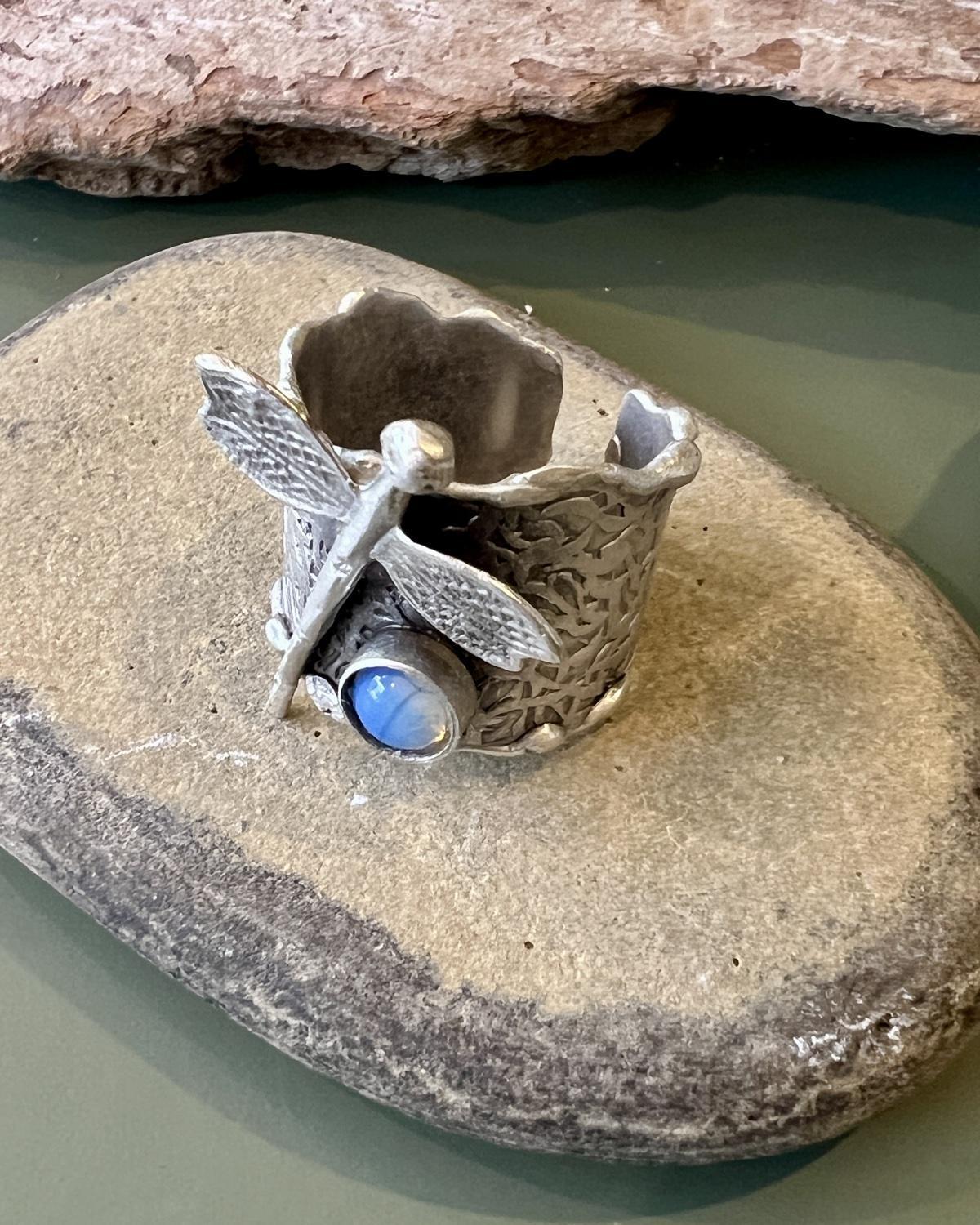 Pajaro Negro Opal and Dragonfly Antiqued Silver Ring