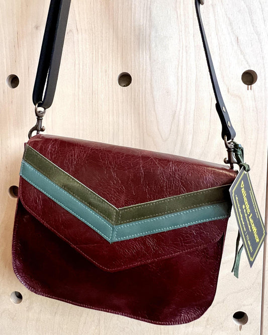 Vallente Leather Chevron Handbag - Brandy Leather w/ Moss and Teal Chevrons