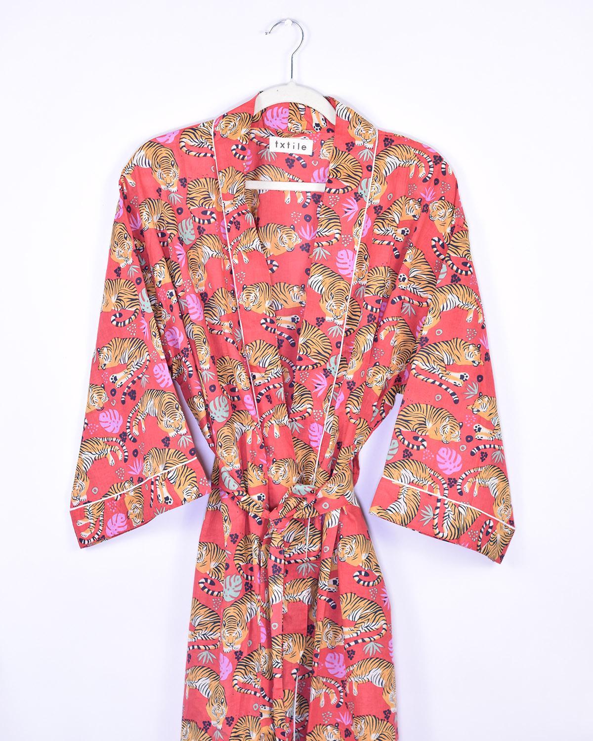 Txtile Lightweight Cotton Robe - Sleeping Tigers in Red