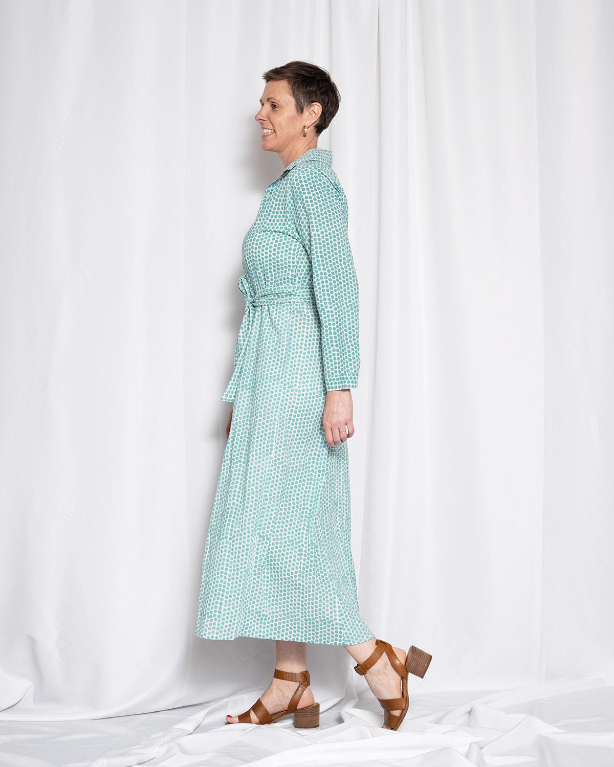 Txtile Elena Button Down Long Sleeve Shirt Dress - Teal Dots