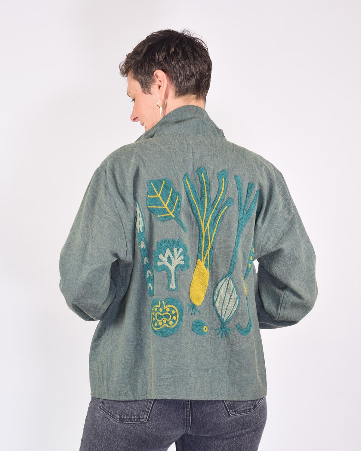Txtile Dusty Teal Lightweight Garden Motif Canvas Embroidered Jacket