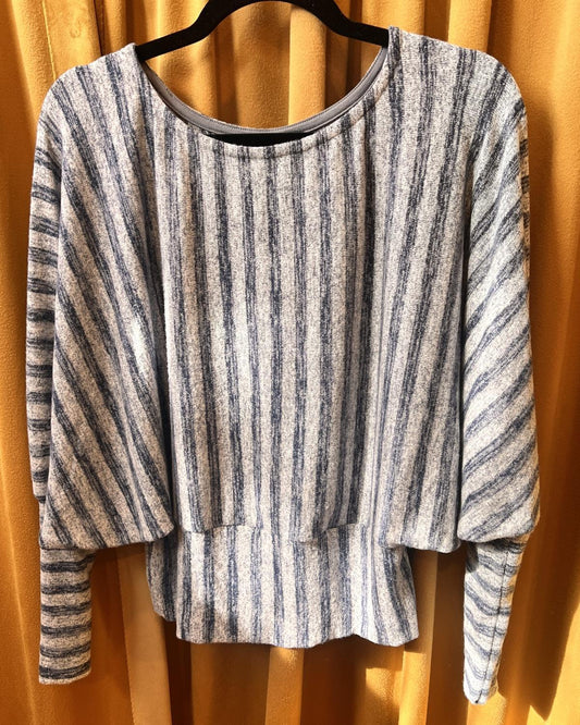 Squasht Batwing Sweater in Lightweight Light Gray and Blue Stripes