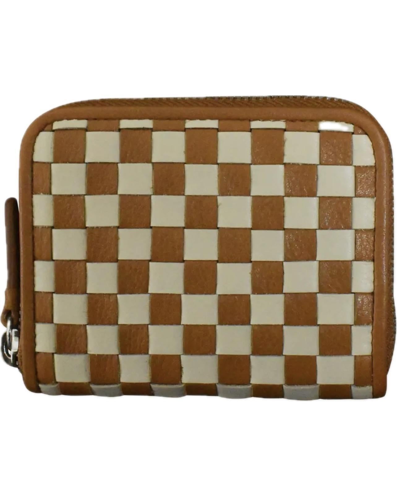 ili Leather Checkerboard Zip Around Wallet in Antique Saddle/Stone