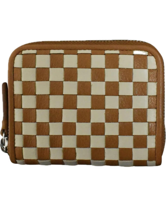 ili Leather Checkerboard Zip Around Wallet in Antique Saddle/Stone