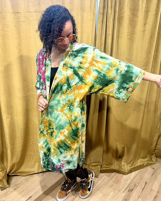 Indie Ella Double Flannery Lined Crepe Silk Kimono in Pink & Green Tie Dye