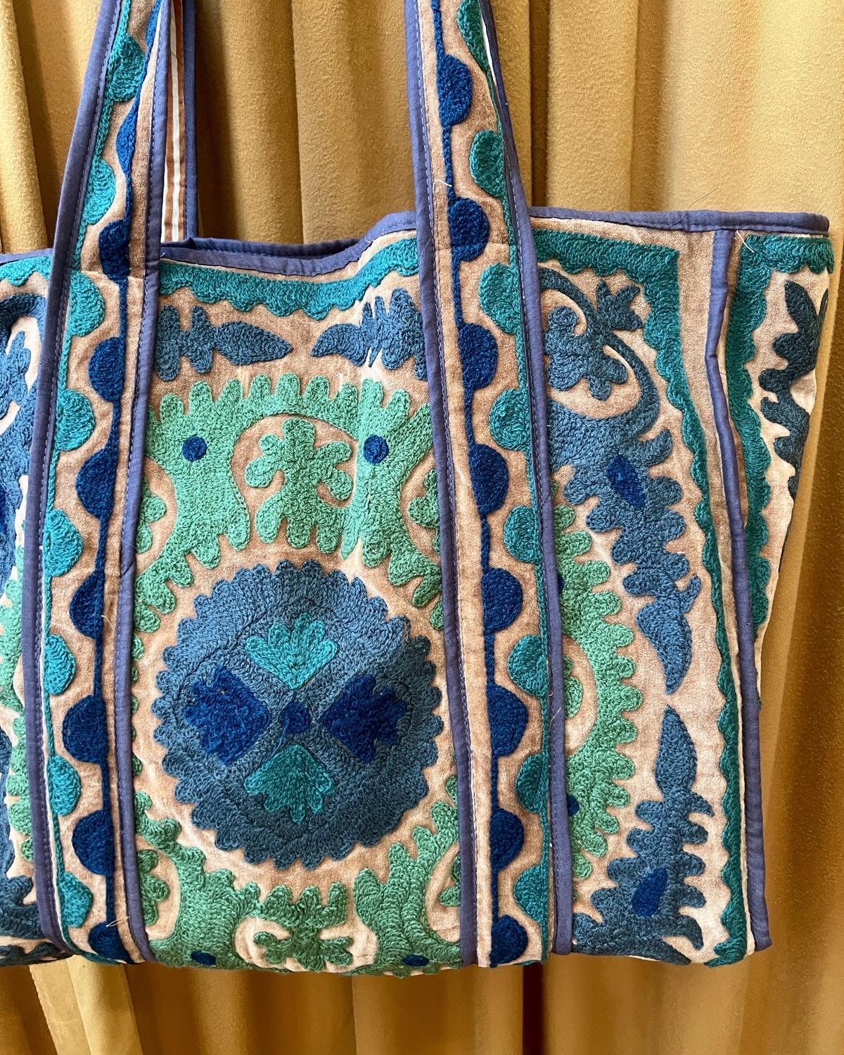 Txtile Velvet Suzani Tote Bag in Shades of Green and Blue