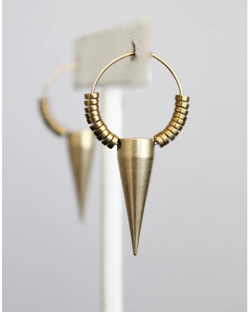 David Aubrey Brass Hoop Earrings with Hematite & Brass Spikes