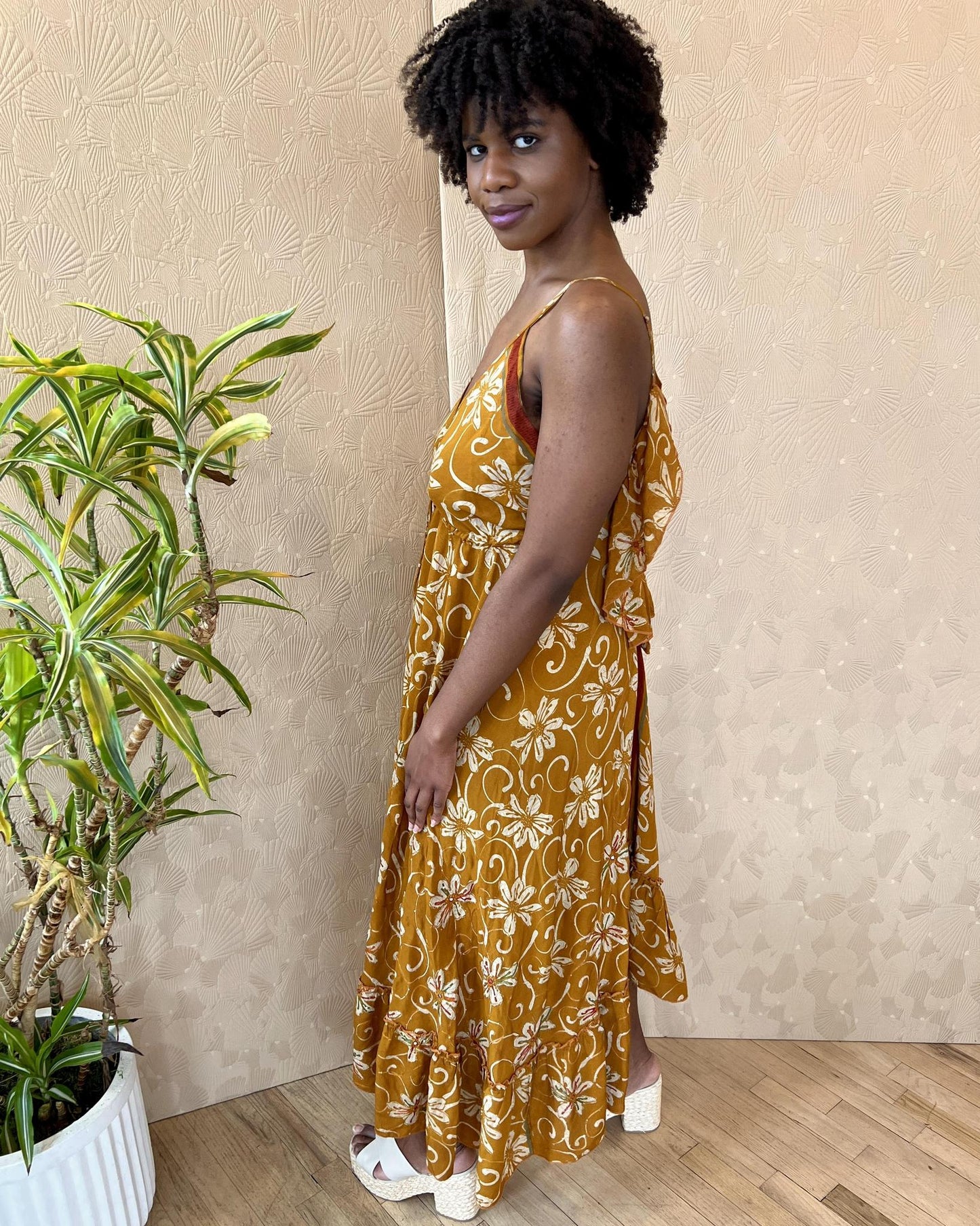 Indie Ella Harlow Strappy Silk Dress in Warm Ochre Floral