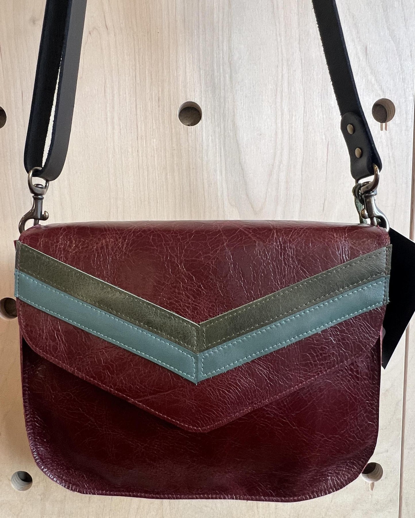 Vallente Leather Chevron Handbag - Brandy Leather w/ Moss and Teal Chevrons