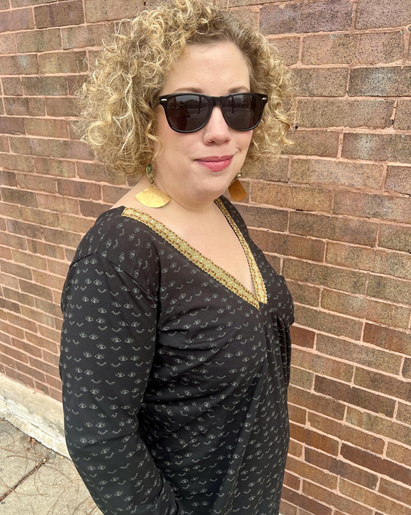 Squasht Drea Draped Dress in Dreamy Eyes Print with Avocado Vintage Trim