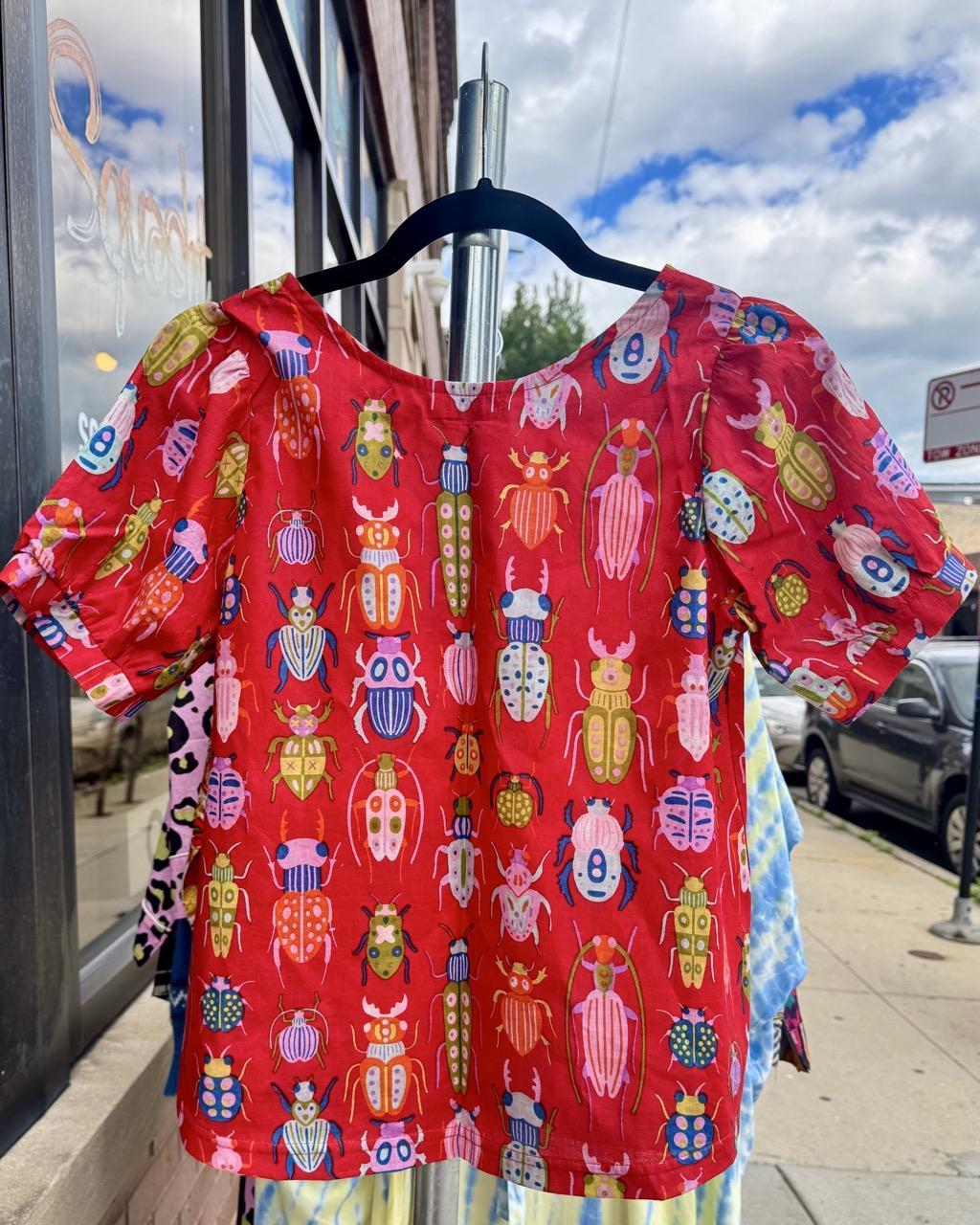 Squasht Puff Sleeve Top in Red Bugs