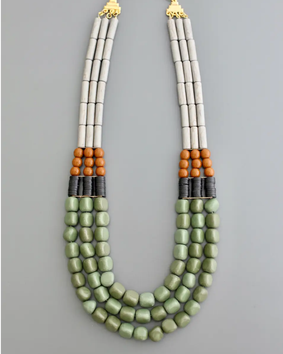David Aubrey Triple Strand Necklace in Gray & Green