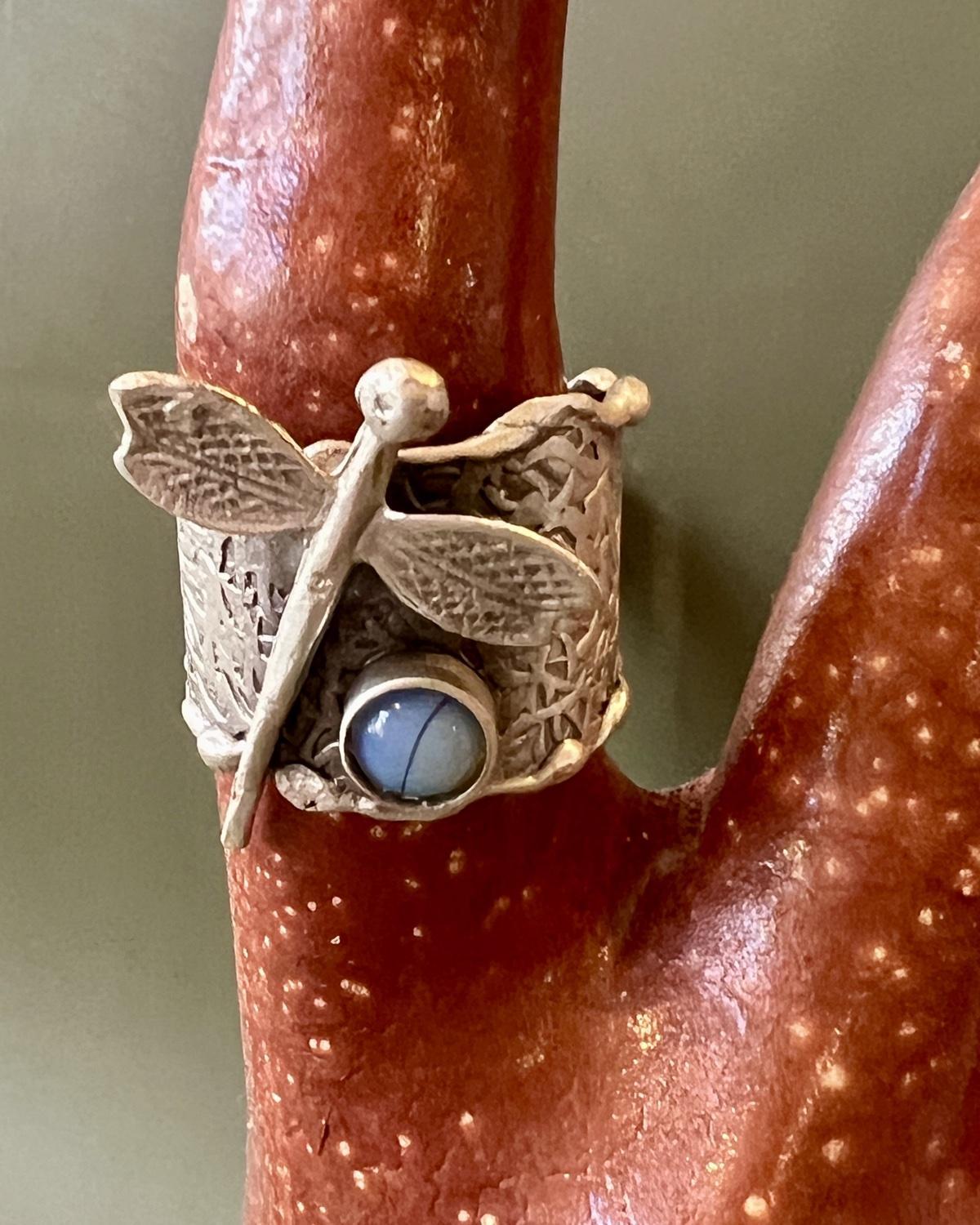 Pajaro Negro Opal and Dragonfly Antiqued Silver Ring