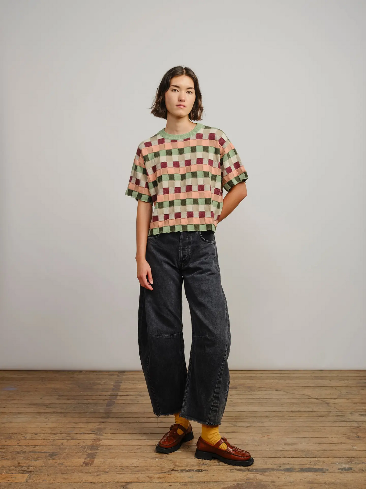 The Endery Sonia Short Sleeve Sweater Tee in Zephyr (Sage/Peach/Cream)