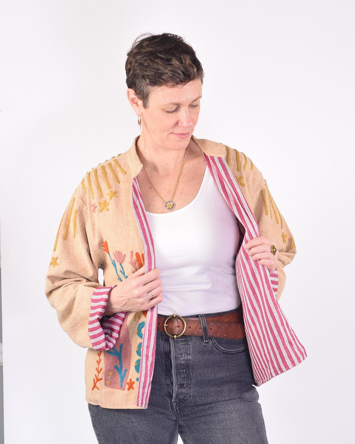 Txtile Dusty Taupe Lightweight Peace and Love Motif Canvas Embroidered Jacket