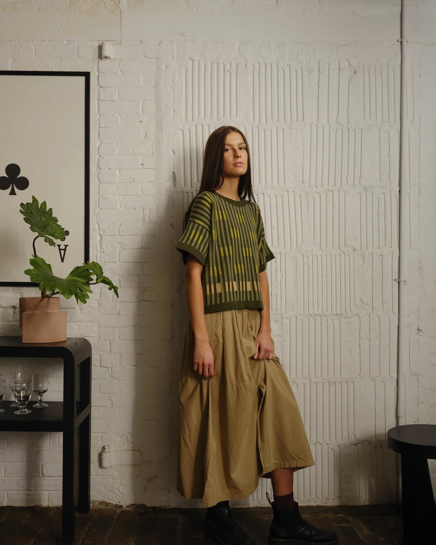 The Endery Bauhaus Short Sleeve Sweater Tee in Prasiolite (Sage/Olive Green)