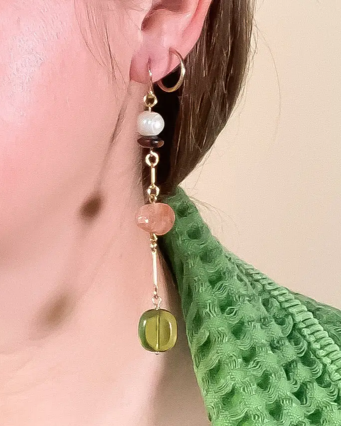 Composition Earrings- Sunstone, Pearl, Mahogany Obsidian, Glass