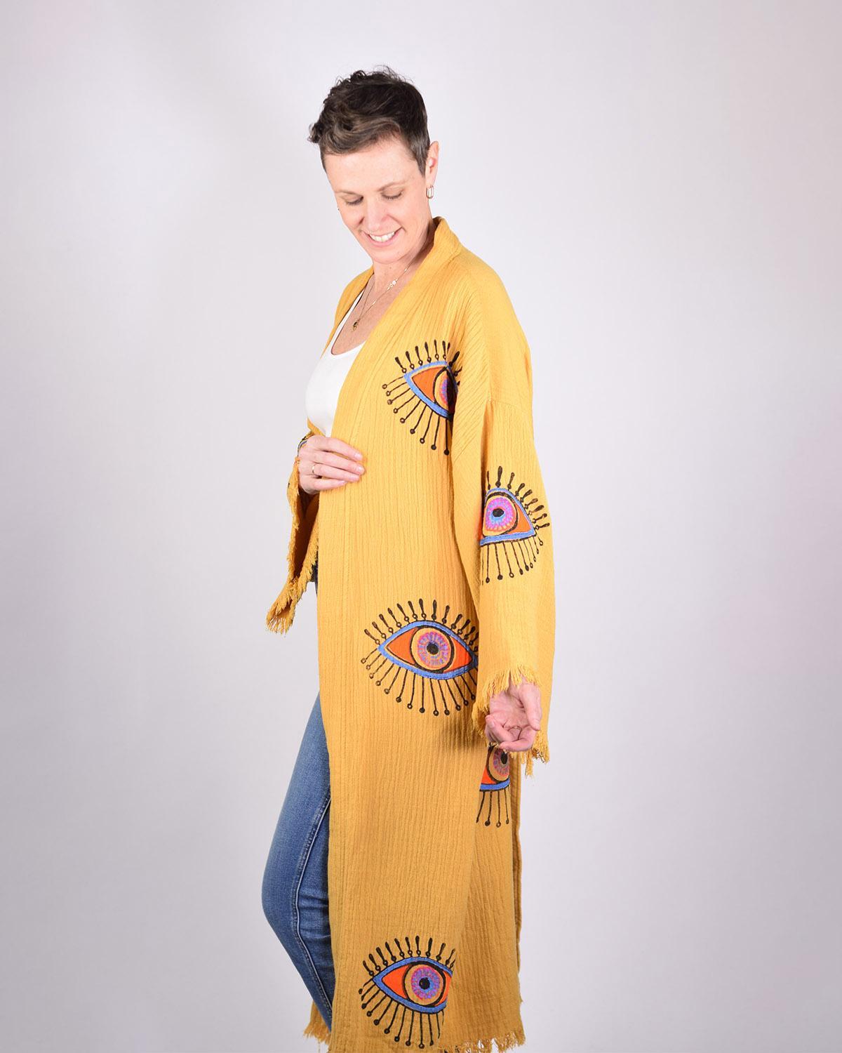 Txtile Luxury Turkish Cotton Evil Eye Kimono/Robe - Yellow Ochre