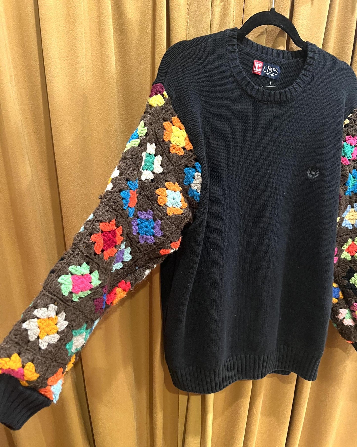 American Recycled Clothing - Crocheted Sleeve Knit Sweater - Black with Multi Color Granny Square Sleeves