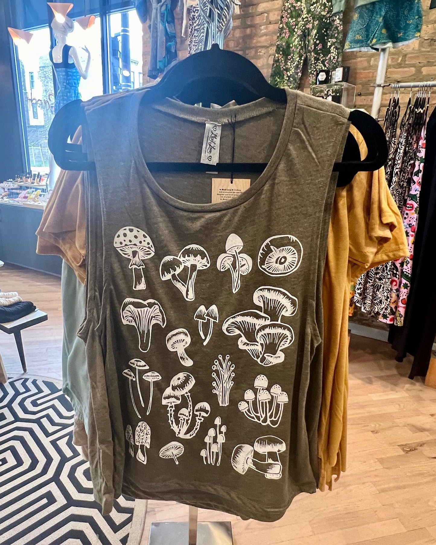 Mad Love Heather Olive Muscle Tank With Mushrooms