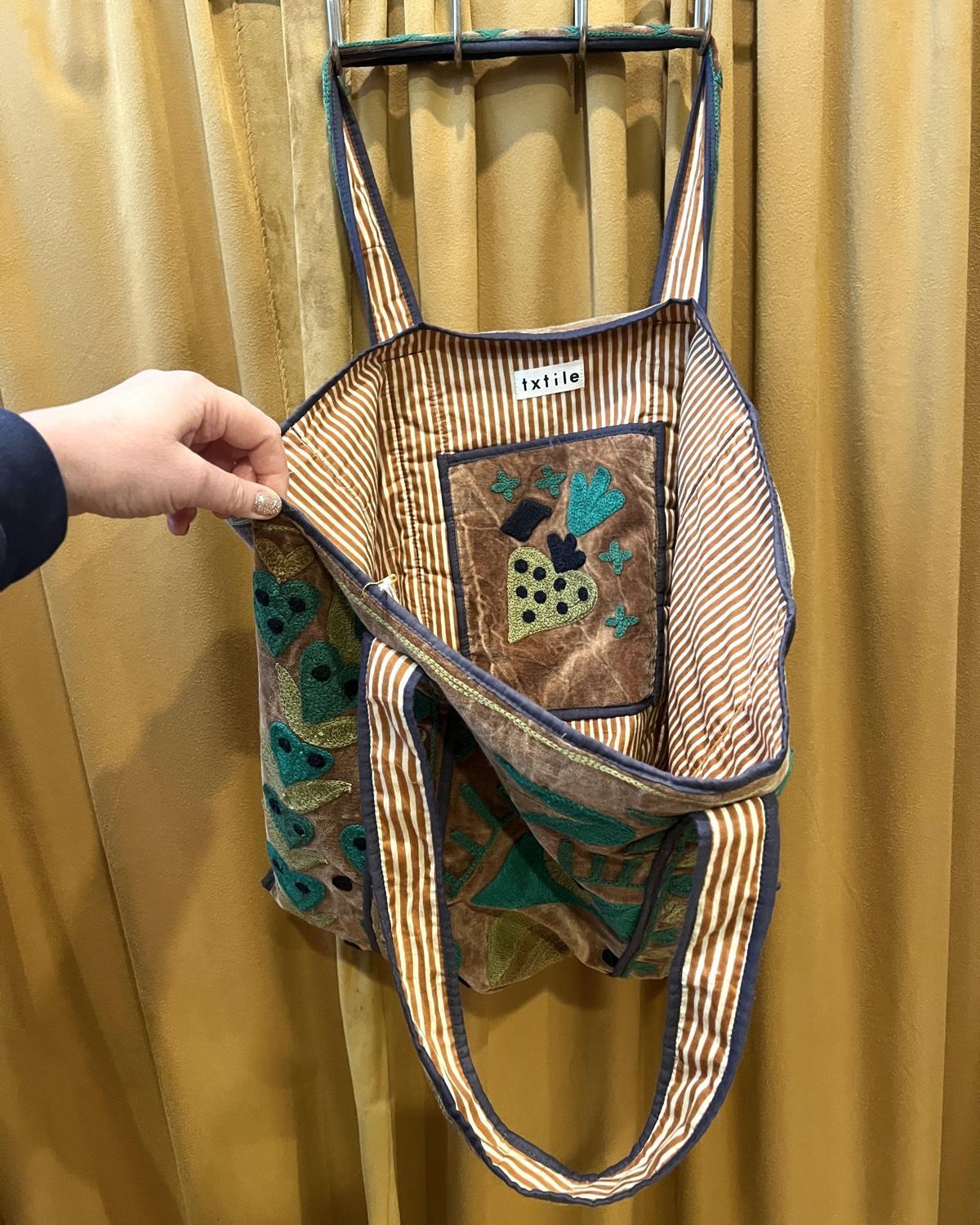 Txtile Velvet Suzani Tote Bag in Brown and Green Evil Eye