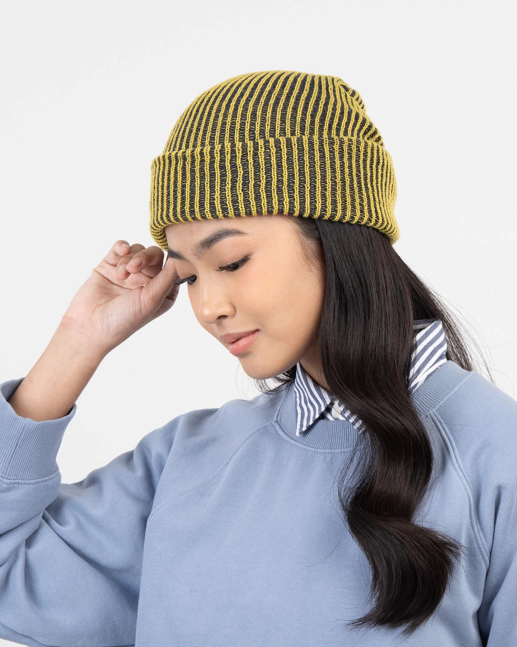 Verloop Simple Rib Knit Beanie Hat in Gold Olive Navy