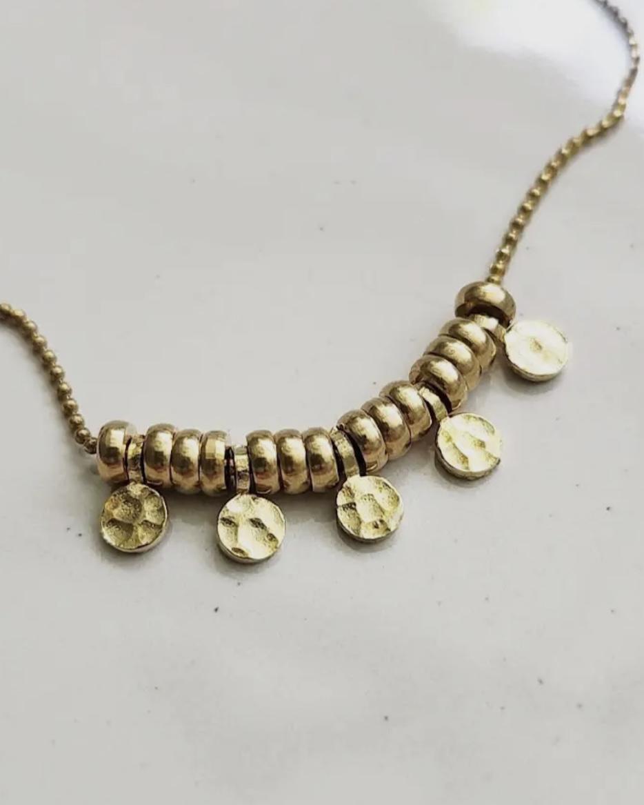 Sara Sela Hammered Brass Charm Beaded Necklace