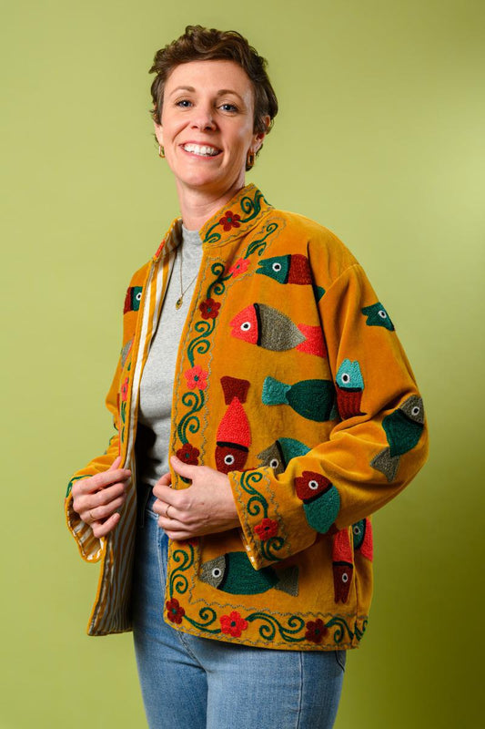 Txtile Gold Velvet Jacket with Allover Fish Embroidered Design