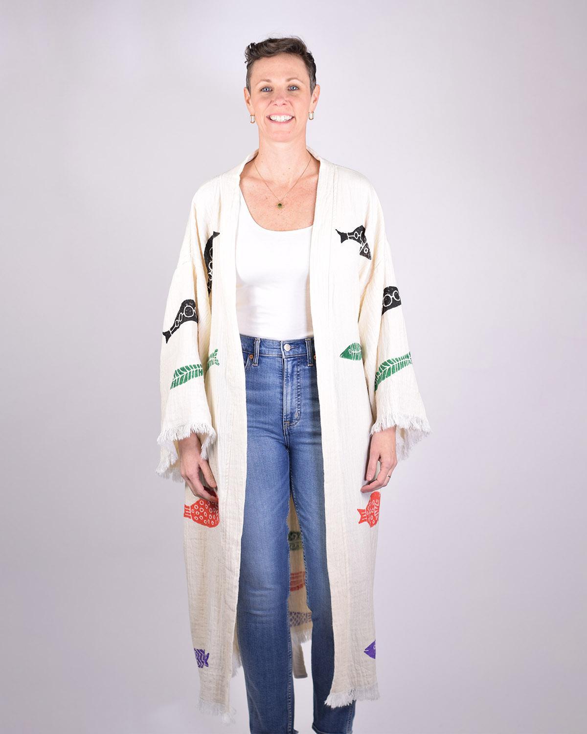 Txtile Luxury Turkish Cotton Kimono/Robe in Fish Party