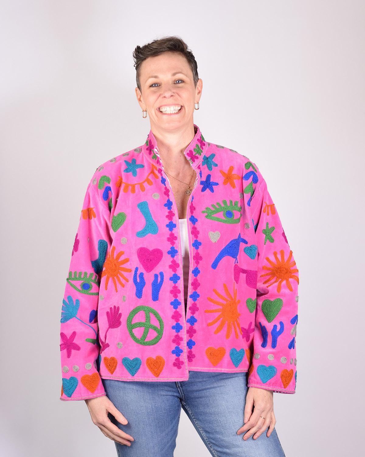 Txtile Hot Pink Velvet Jacket with Embroidered Peace, Evil Eye, Boots, Hearts Motif