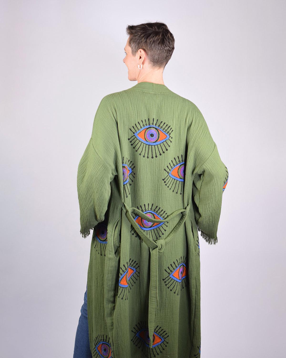 Txtile Luxury Turkish Cotton Evil Eye Kimono/Robe - Olive Grove