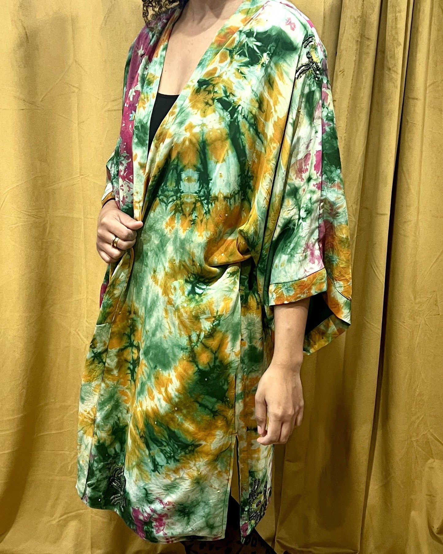 Indie Ella Double Flannery Lined Crepe Silk Kimono in Pink & Green Tie Dye