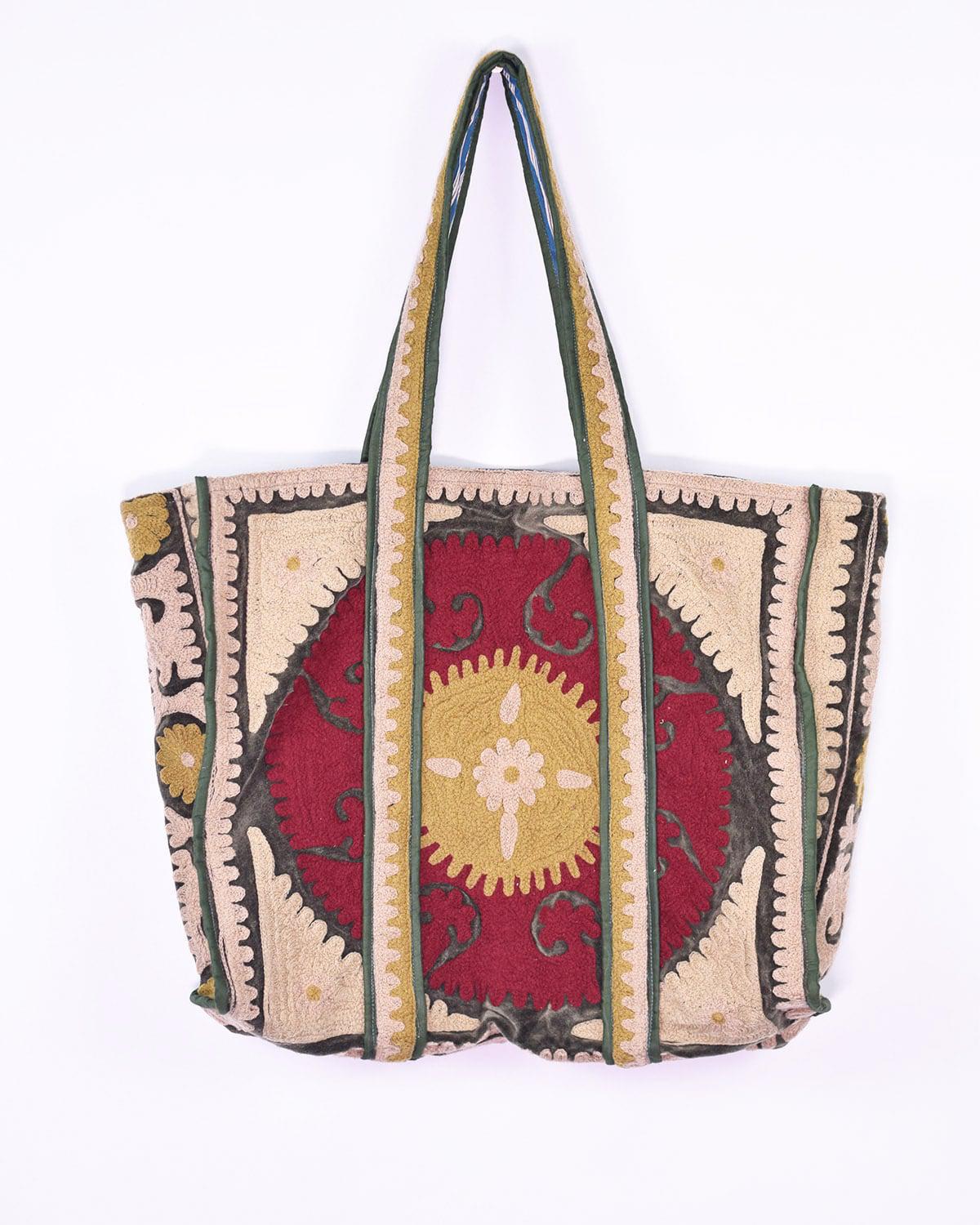Txtile Velvet Embroidered Tote Bag - Shades of Tans and Reds