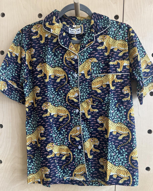 Txtile Button Up Shirt - Pajama Style - Fierce Leopard Print on Navy Background - SALE
