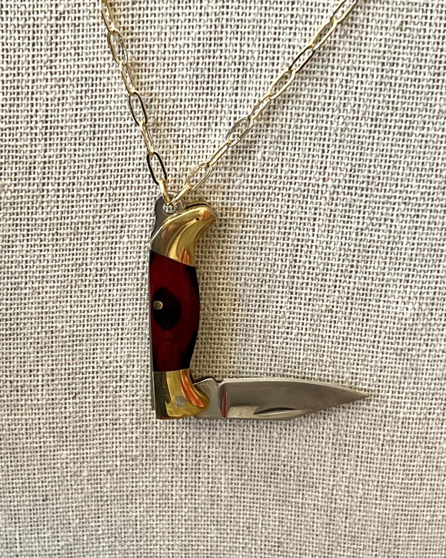 1979 Jewelry Knife Necklace 1.5-inch Wood - 14 kt GF Chain