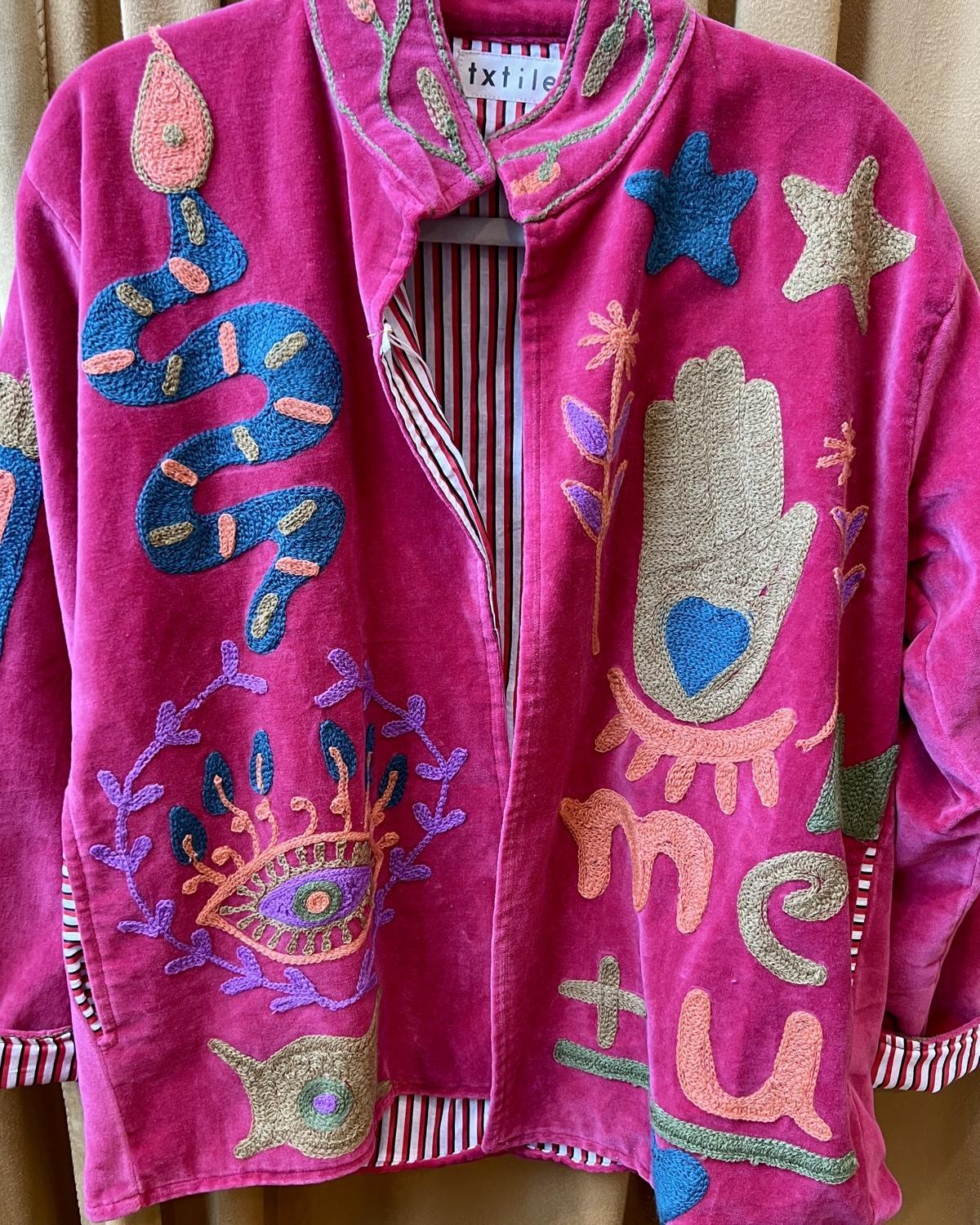 Txtile Hot Pink Velvet Jacket with Snake and Cactus Motif
