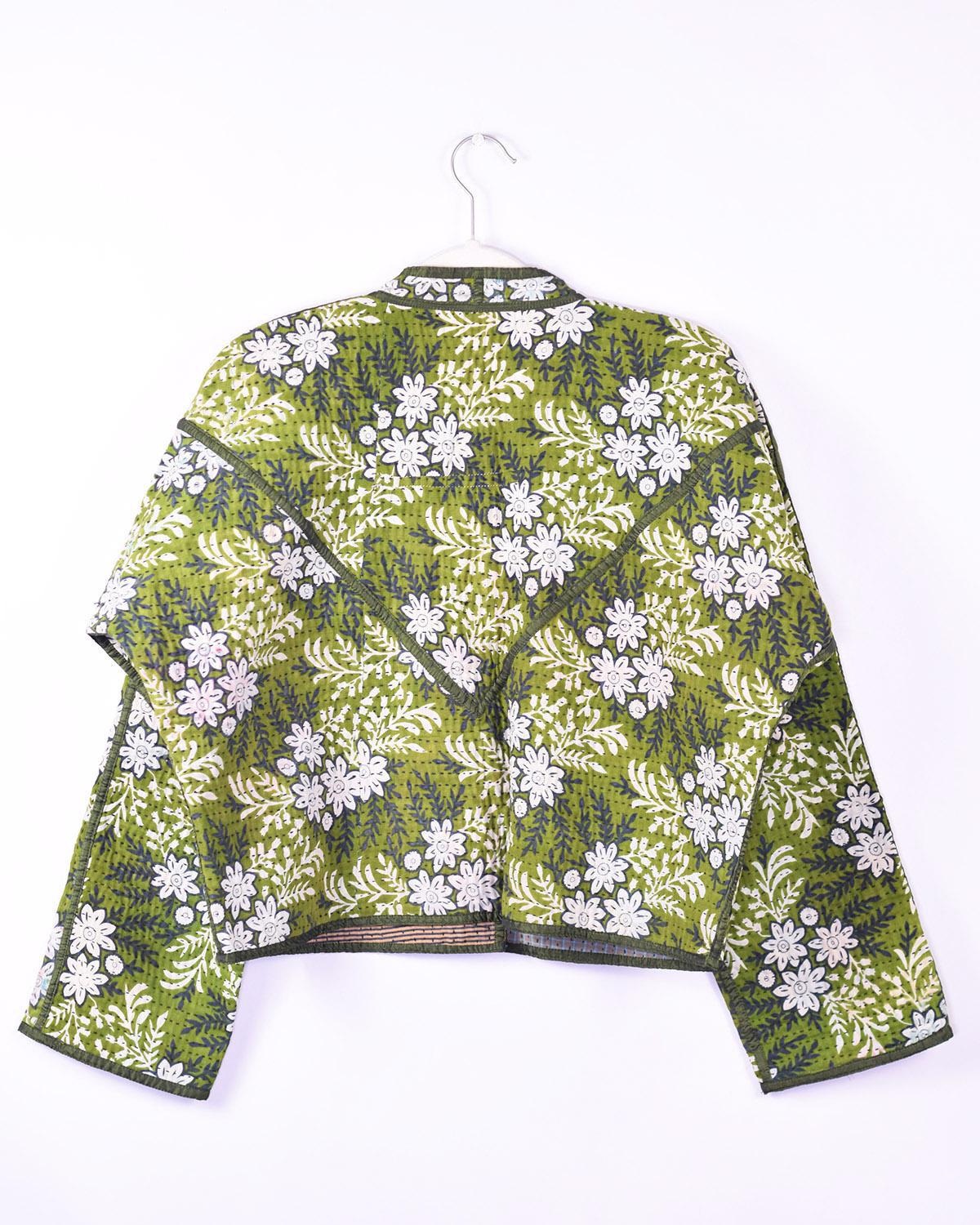 Txtile Sofie Leaf Green Quilted Reversible Patchwork Kantha Jacket