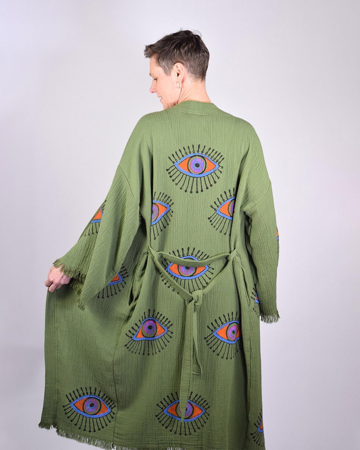 Txtile Luxury Turkish Cotton Evil Eye Kimono/Robe - Olive Grove