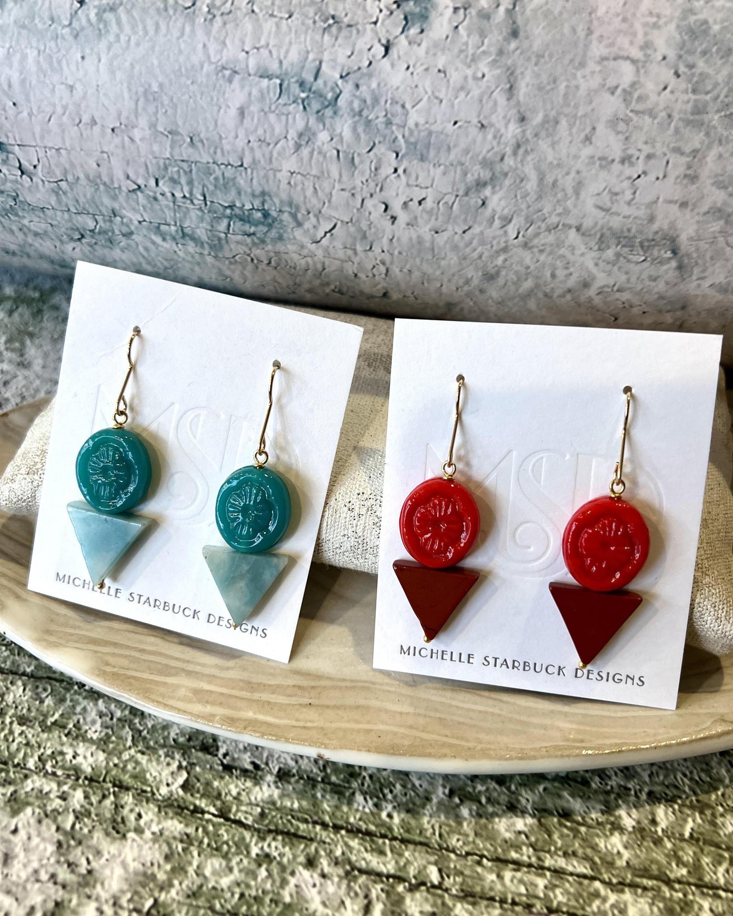 Michelle Starbuck Vintage Red Glass and Red Jasper Triangle Earrings