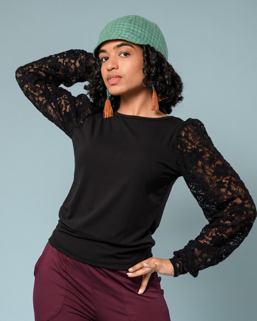 Squasht Roxie Top in Black with Floral Lace Sleeve