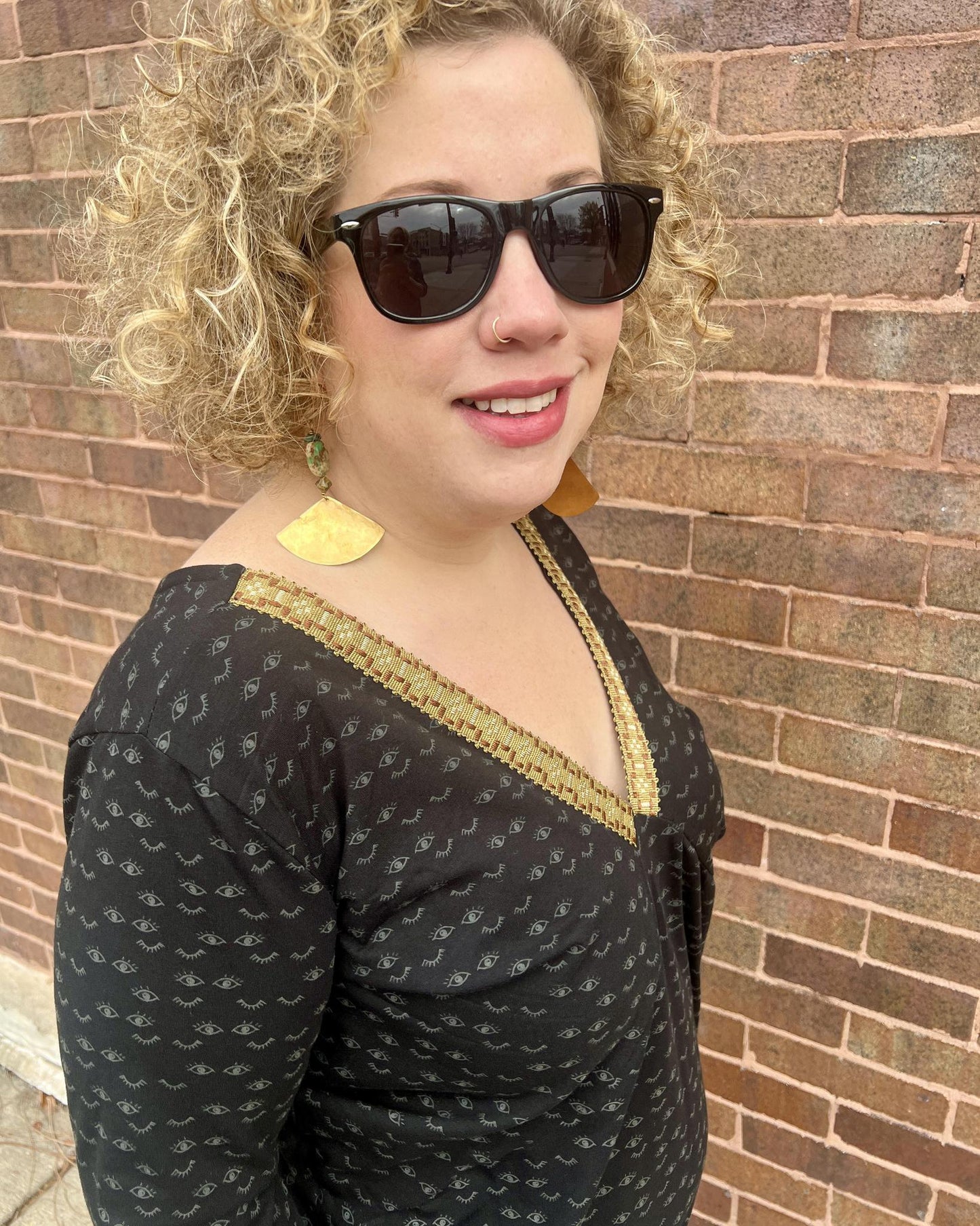 Squasht Drea Draped Dress in Dreamy Eyes Print with Avocado Vintage Trim