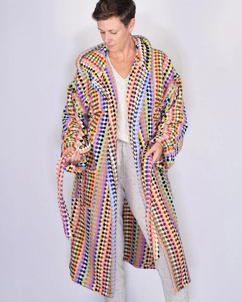 Txtile Turkish Cotton Plush Hooded Terry Cloth Robe - Rainbow Checkers
